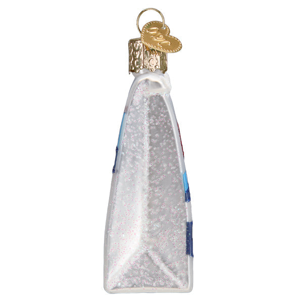 Side view of a glass Hostess Donettes bag Christmas ornament with glitter and a gold heart charm.