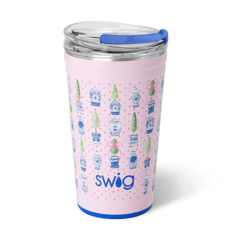 Pink 24oz insulated stainless steel party cup with blue lid, base, and blue chinoiserie pattern.
