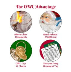 Infographic showing OWC advantages: blown glass, hand painted, OWC cap and charm, and story tag.