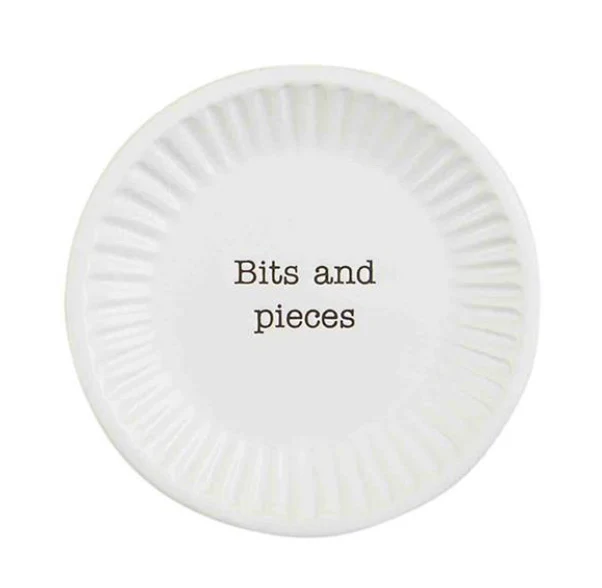 White 4-inch round ceramic tapas plate with fluted edges and 'Bits and pieces' text in the center.