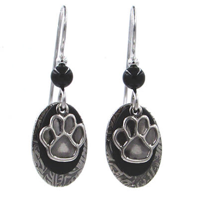 Black Paw Print on Layered Oval Drop Earrings with black beads and silver-tone hooks.