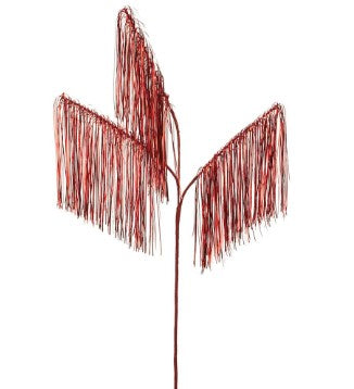 Red tinsel hanging spray decoration with a full circular shape.