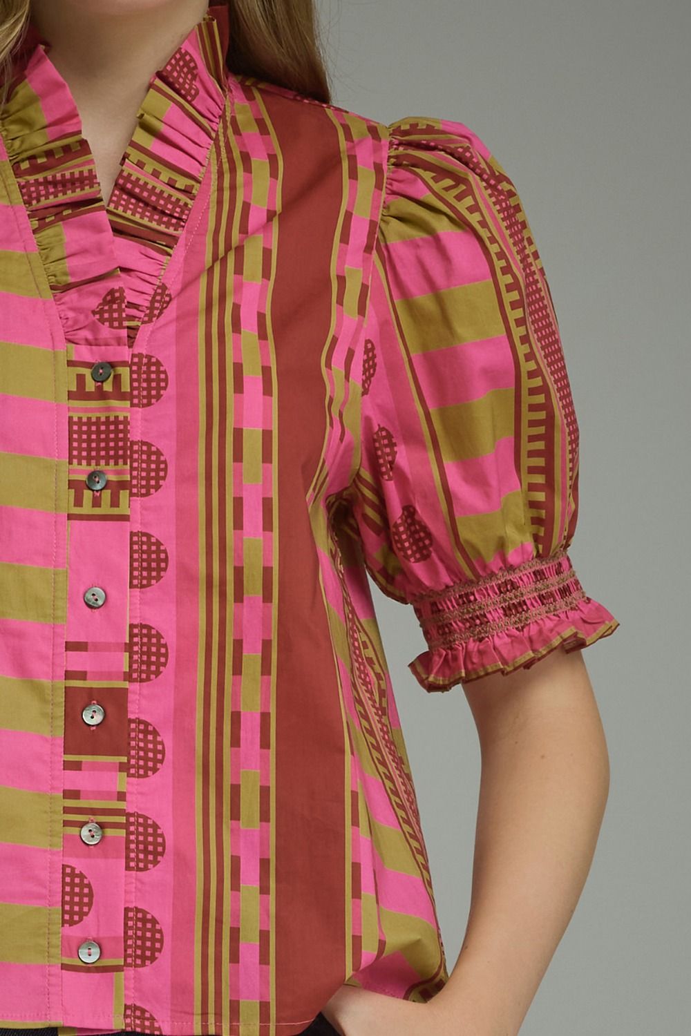 Athena Mixed Print Short Puff Sleeve Top in pink and olive green with a ruffled collar and buttons.