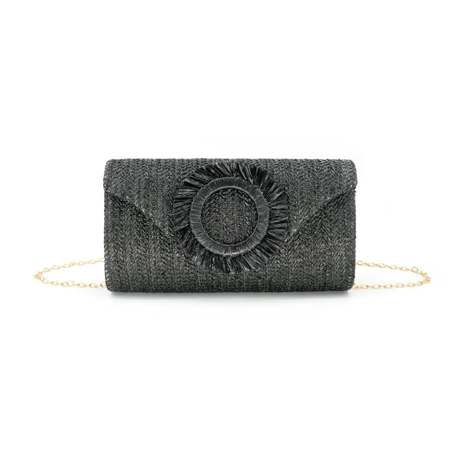 Solea Clutch woven straw handbag in natural color with a rectangular silhouette and open top design.