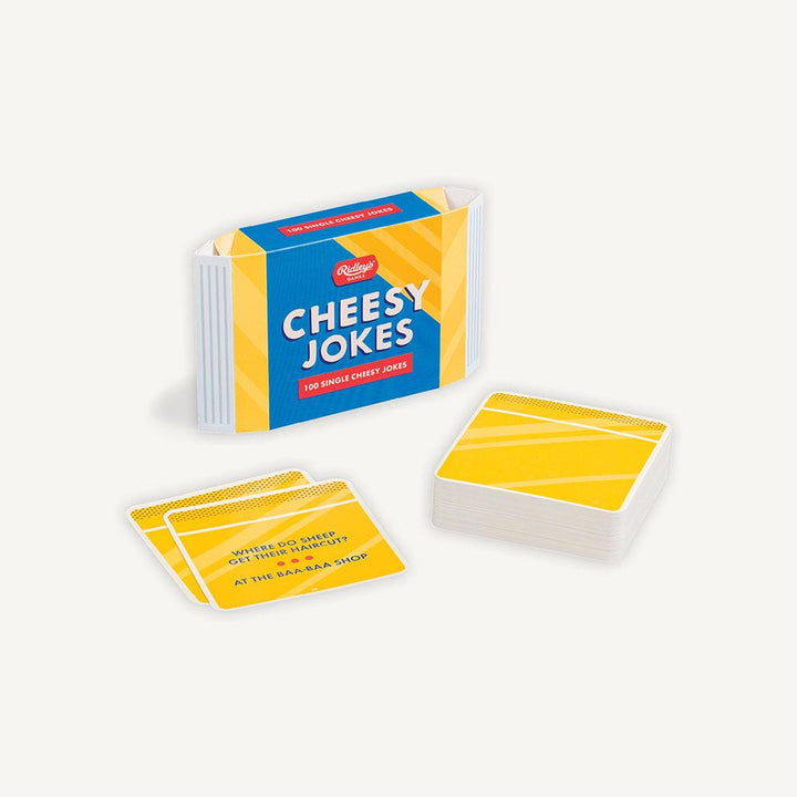 Ridley's Cheesy Jokes deck with 100 cards in a yellow and blue cheese-wedge shaped box.