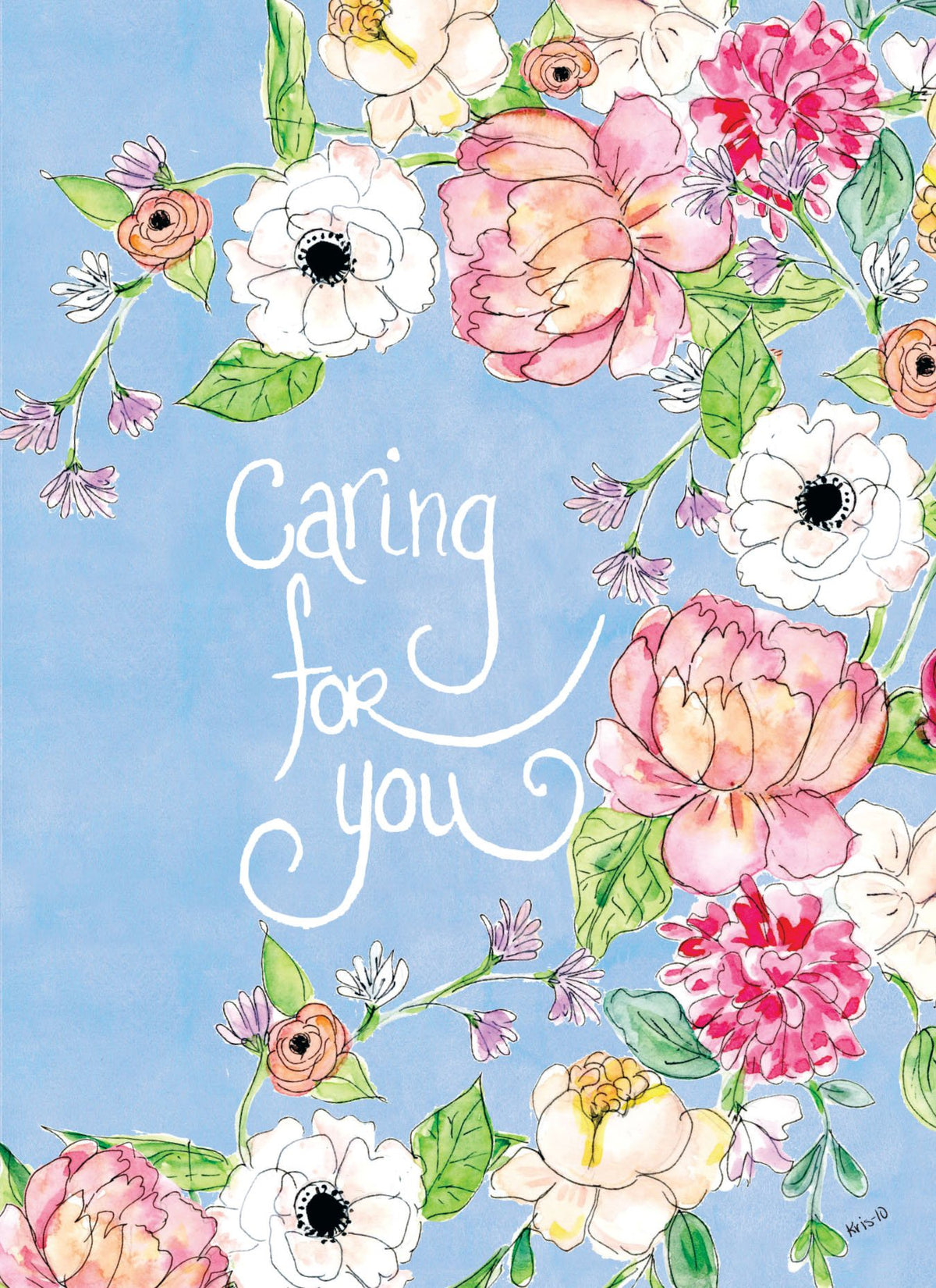 Watercolor floral greeting card with 'Caring for you' text on a light blue background.