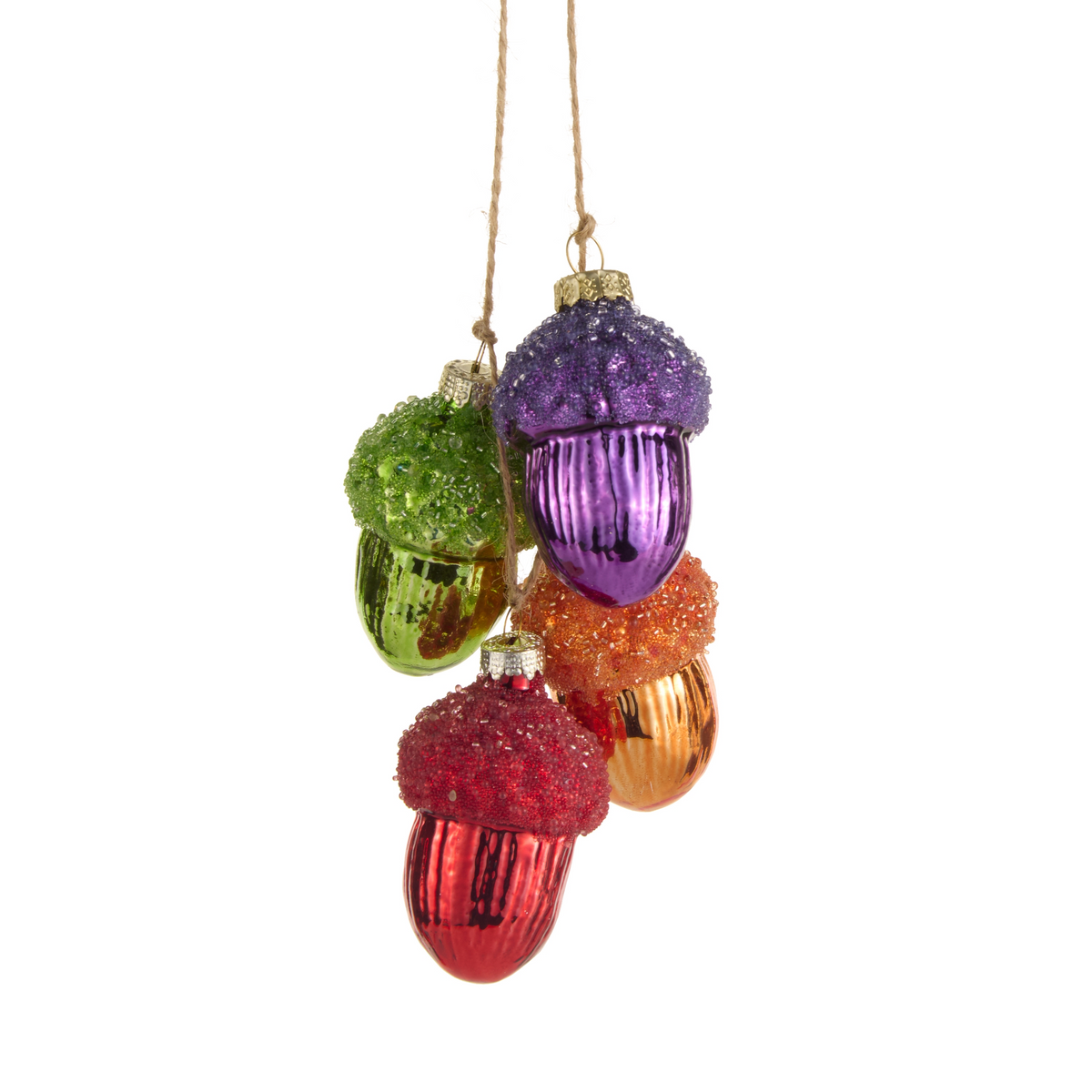 Cluster of four glass acorn ornaments in green, purple, orange, and red with glittery caps.