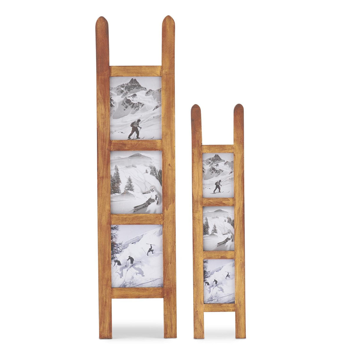 Two wooden sled-style wall hanging photo frames in small and large sizes with ski-themed pictures.