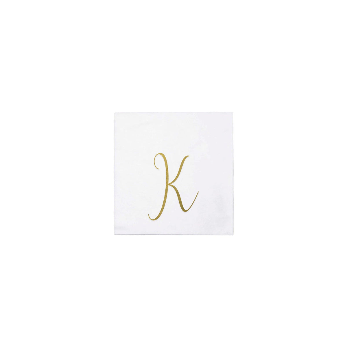 White Papersoft cocktail napkin with a gold script monogram letter K in the center.