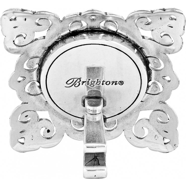 Back view of a silver-plated Geneva Clock with a swivel arm and Brighton logo engraving.