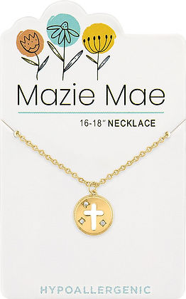 Gold Mazie Mae necklace with a round enamel cross pendant and three small crystal accents.