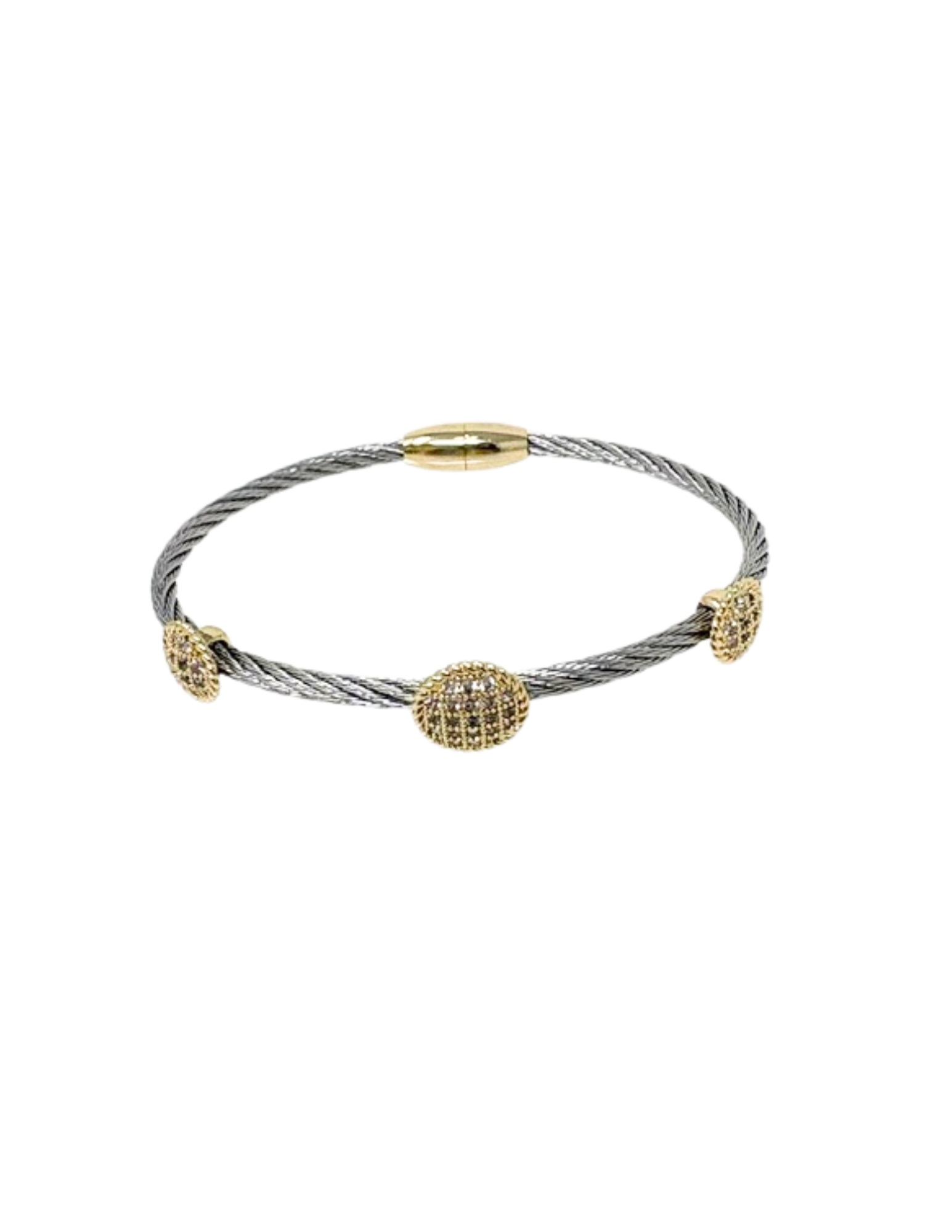 Two-tone silver rope bangle bracelet with three gold-tone circular cubic zirconia stations.