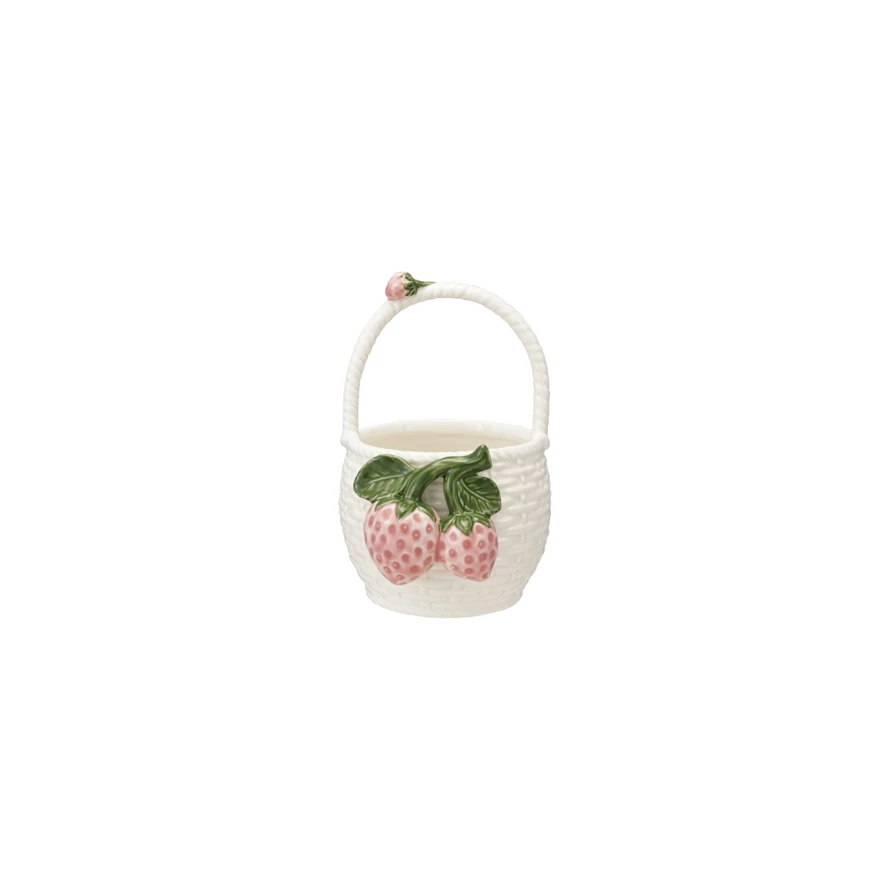 Stoneware basket-shaped container with handle featuring a three-dimensional strawberry pattern.