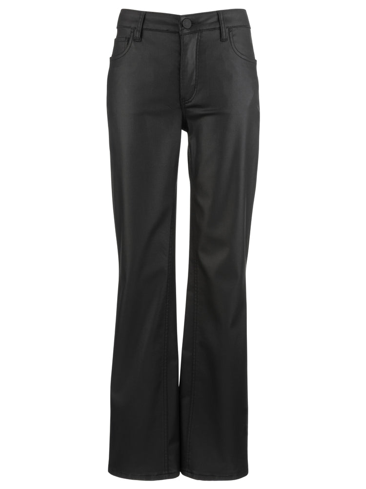 Black coated high-rise kick flare pants with inset leg detail and front pockets.