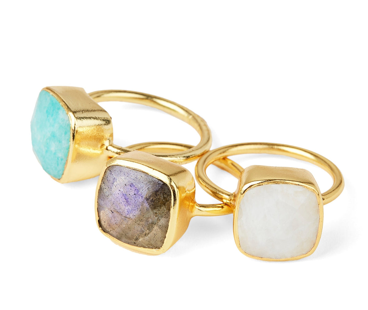 Cushion cut chalcedony gemstone set in a sleek minimalist stacking ring band.