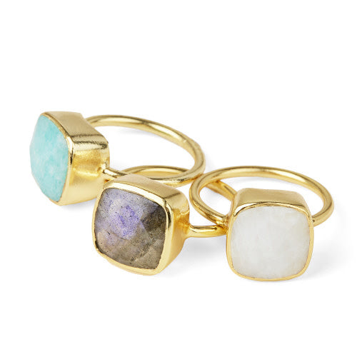 Cushion cut gemstone stacking ring with a sleek minimalist band in silver tone
