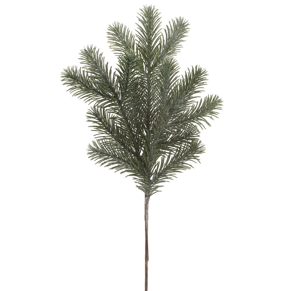23-inch green glittered pine spray with multiple textured branches on a single brown stem.