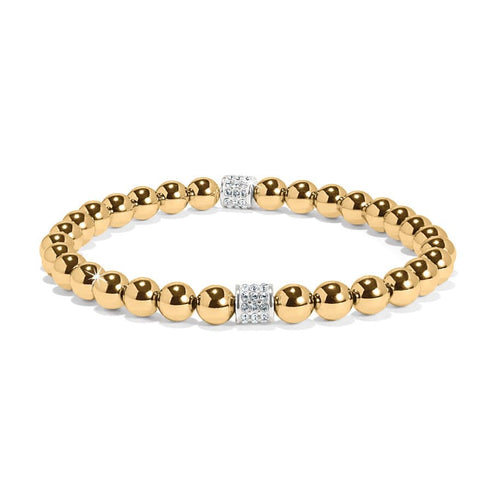 Gold-plated Meridian Petite Stretch Bracelet with round beads and two crystal-encrusted spacers.