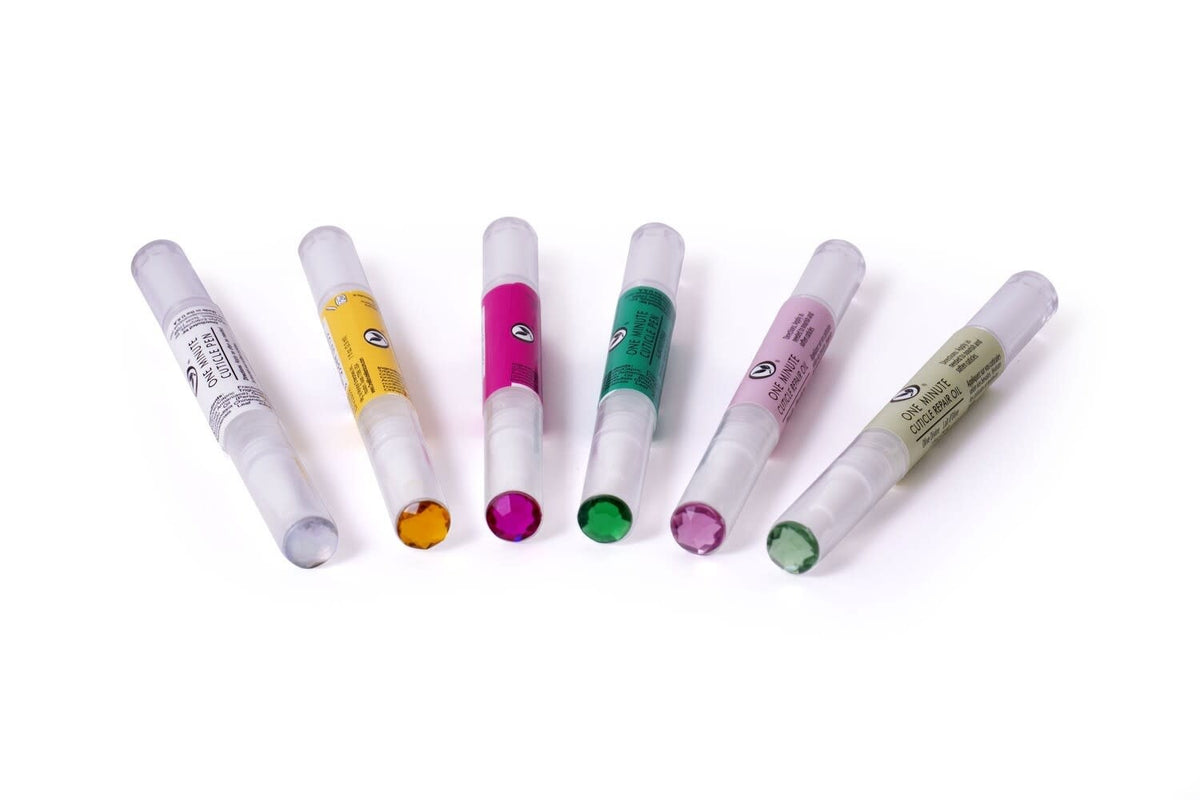 Two-in-one cuticle repair pen with twist-type oil dispenser brush tip and decorative bling top.