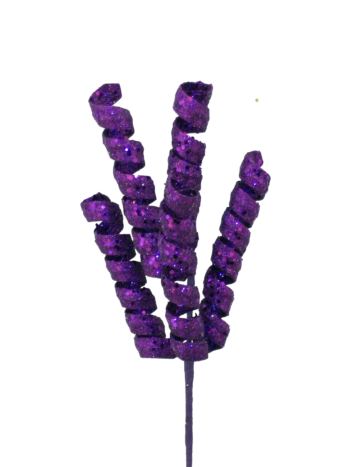 Purple glittery fizzy curly spray decorative pick for floral arrangements.