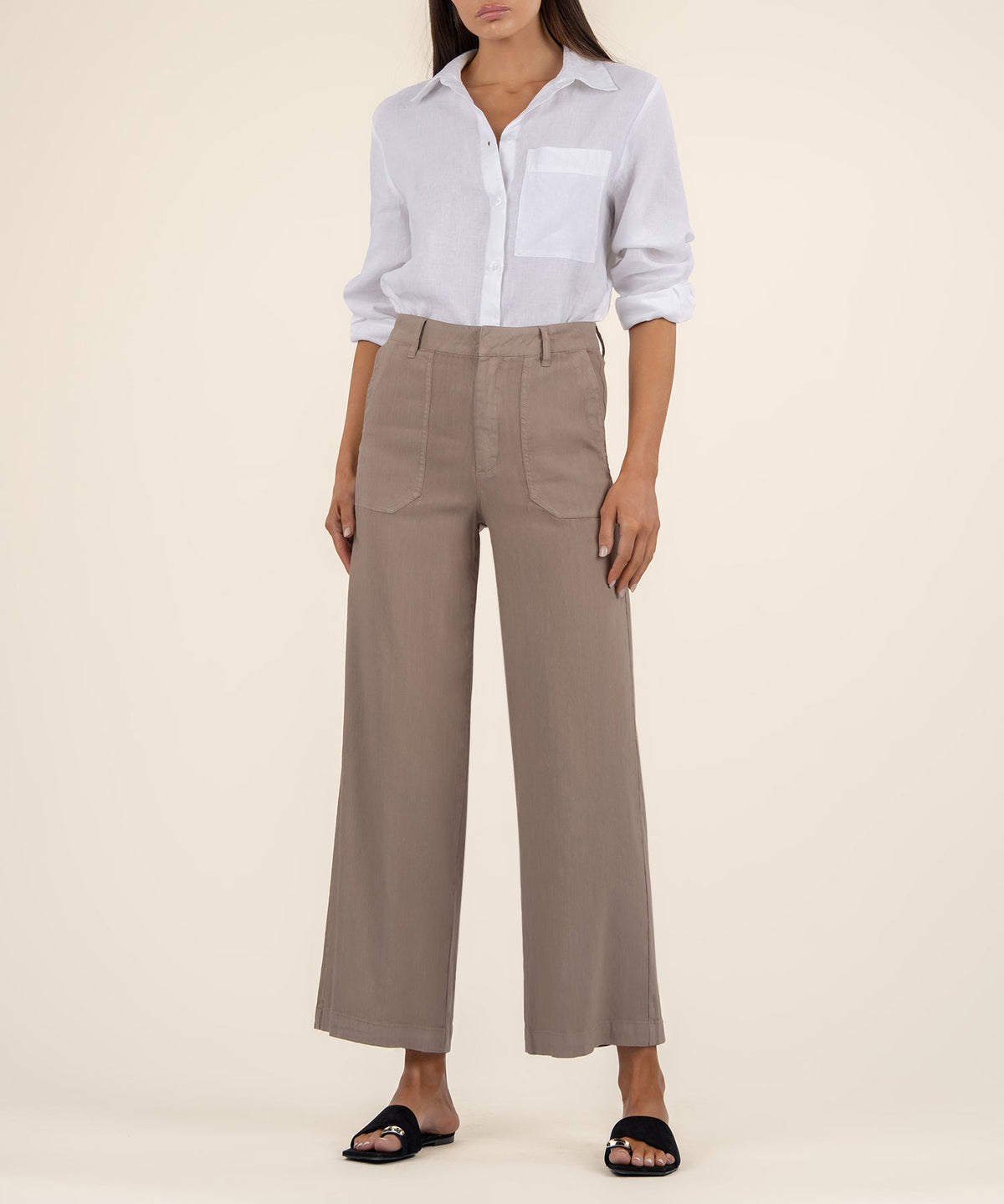 High rise wide leg linen rayon pants in Luna Topaz with porkchop side pockets