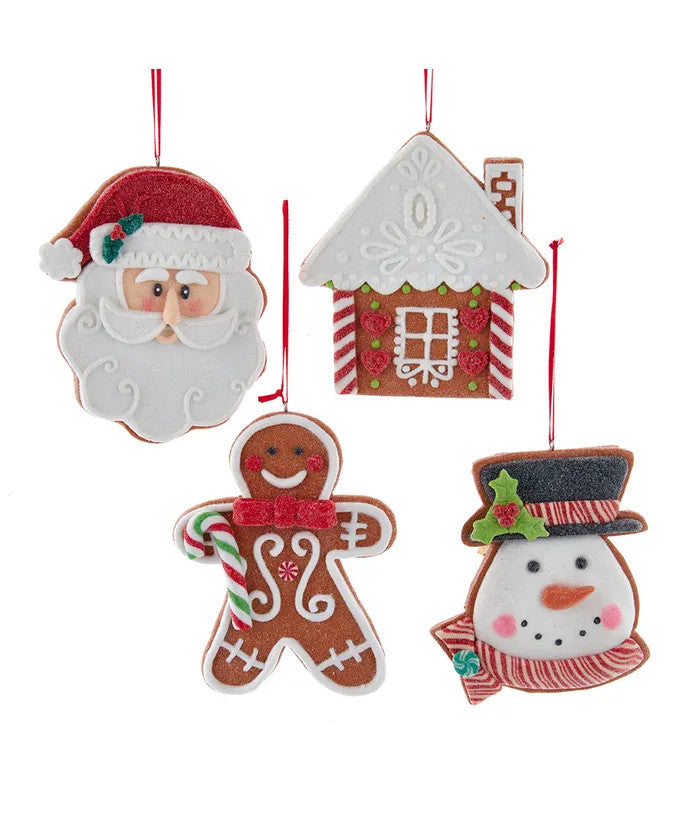 Set of four claydough gingerbread ornaments: Santa, a house, a gingerbread man, and a snowman.