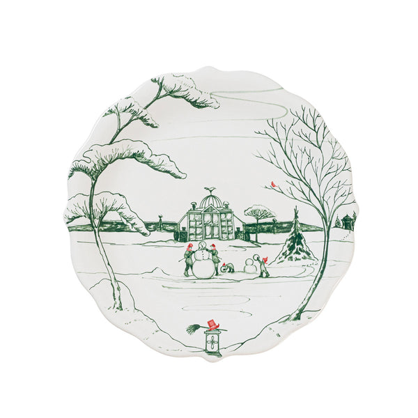 Evergreen scalloped stoneware party plate with deep green glaze