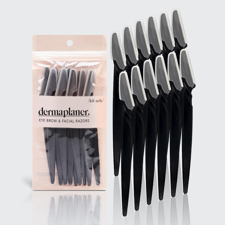 Black dermaplaner tool with a curved handle and stainless steel blade head.