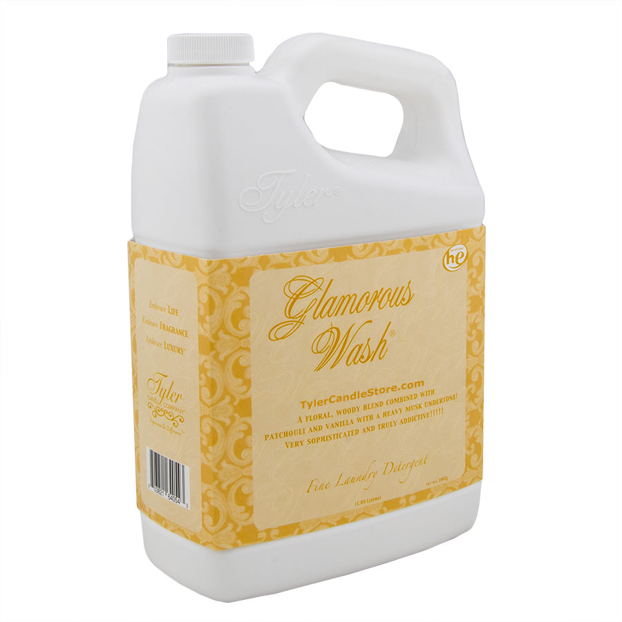 1.89L bottle of Tyler Glamorous Wash fine laundry detergent with a yellow patterned label.