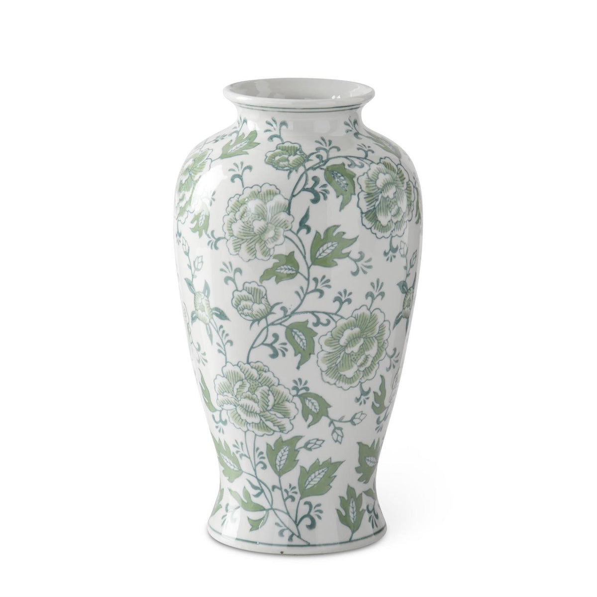 Ceramic vase with green and white floral pattern on a neutral background