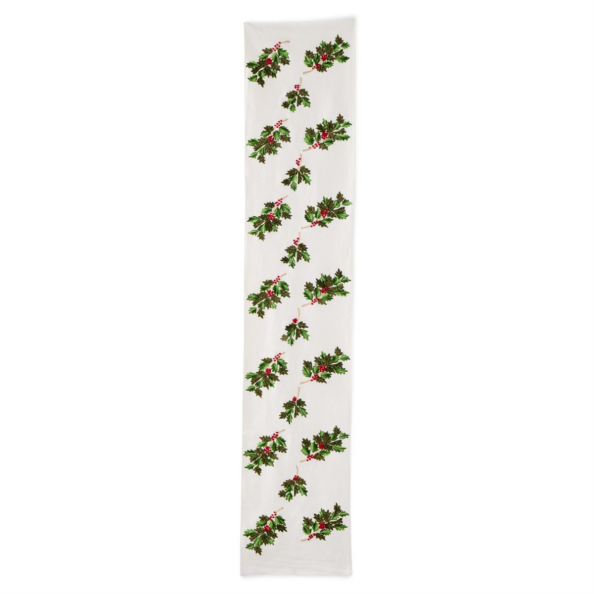 72-inch cream cotton table runner featuring embroidered green holly leaves and red berries.