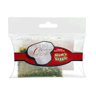 Mom's Veggie Dip Mix in a clear plastic pouch with a red and white The Resident Chef label.