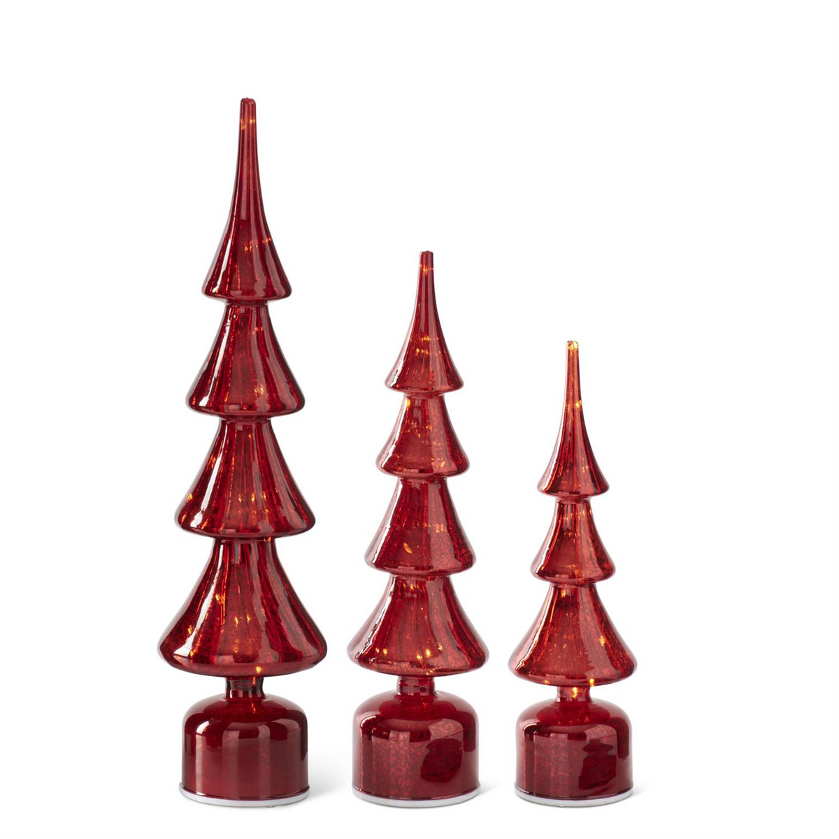 Three rotating ribbed red mercury glass LED Christmas trees in graduated sizes on a white background