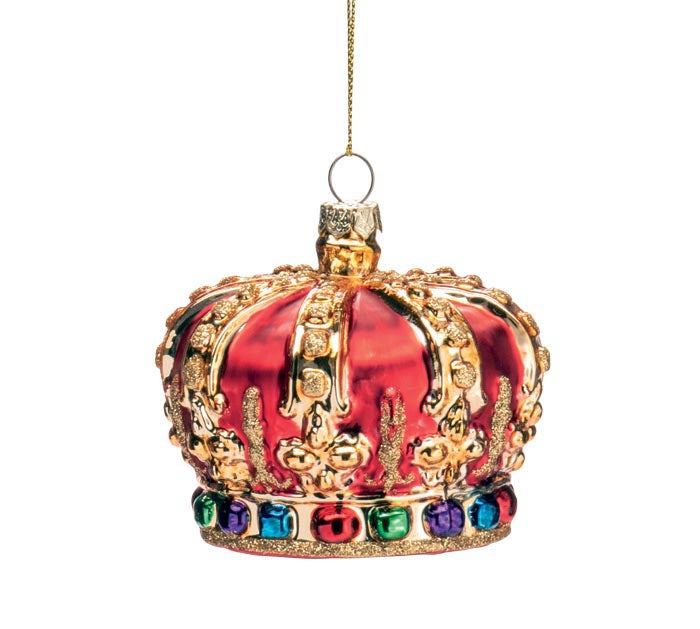 Red and gold glass crown ornament with colorful jewel accents and glitter details.