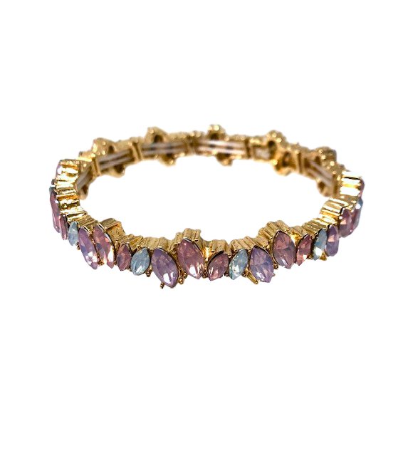 Goldtone stretch tennis bracelet featuring marquise-cut pastel pink and blue stones.