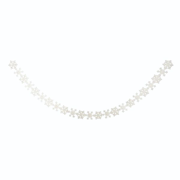 White felt snowflake banner garland hanging in a curved arc against a plain white background.
