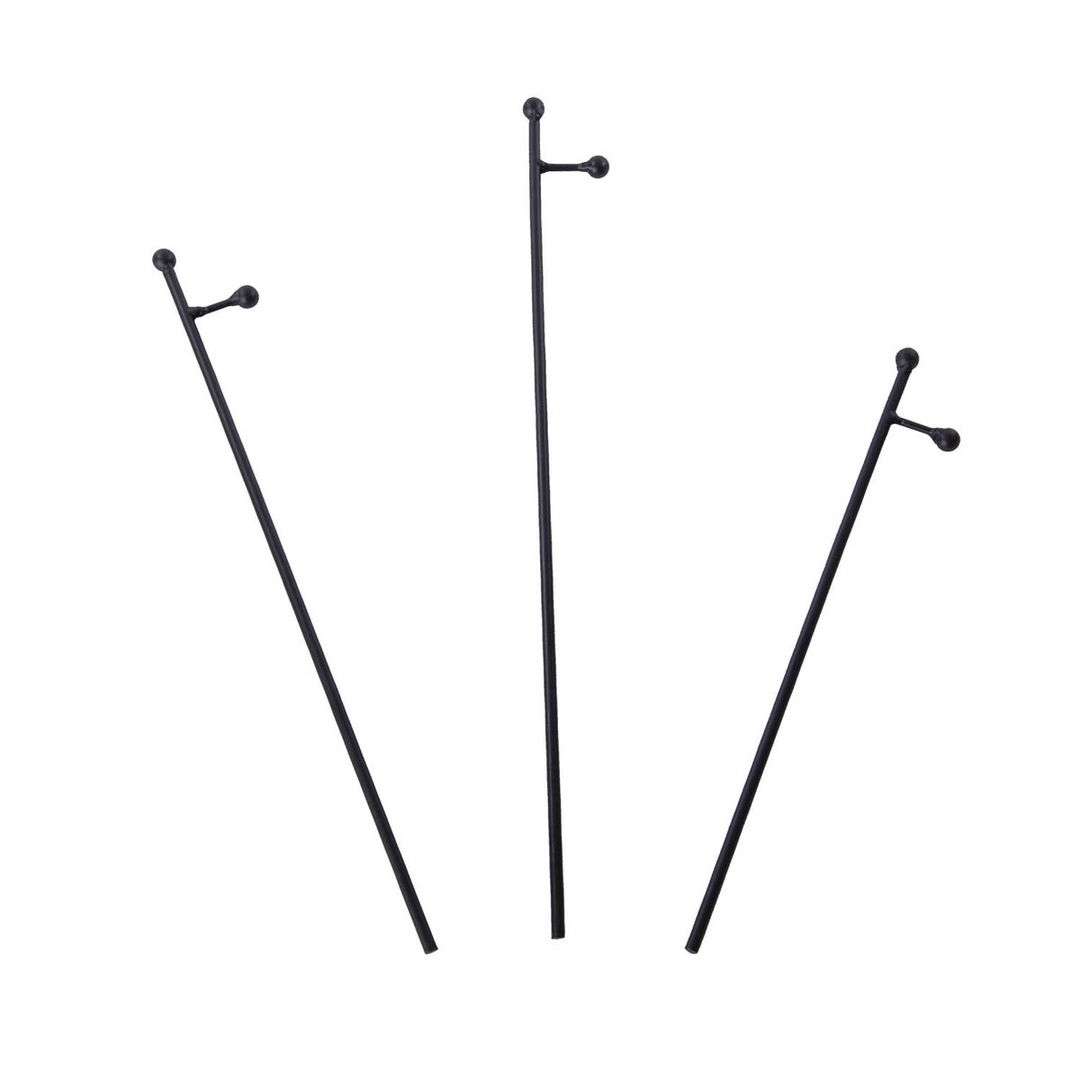 Three black metal mini gallery display stakes in small, medium, and large sizes.