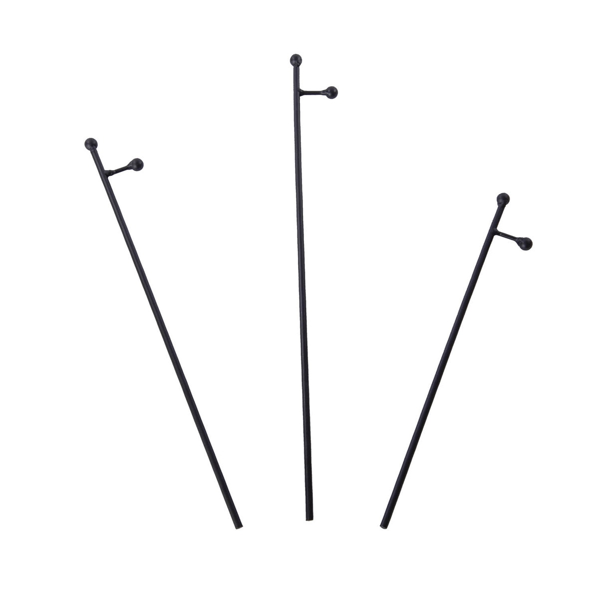Three black metal mini gallery display stakes in small, medium, and large sizes.