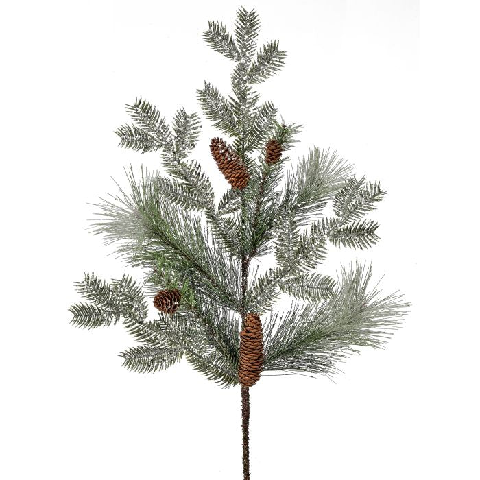 30-inch frosted glitter pine spray with natural pinecones on a flexible brown stem.