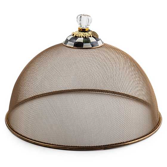 Large bronzed stainless steel mesh food dome with a hand-painted Courtly Check knob and glass finial.