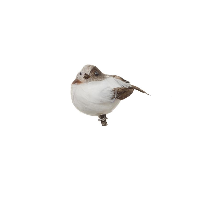 Small decorative bird ornament with white and brown feathers and a metal clip for attachment.