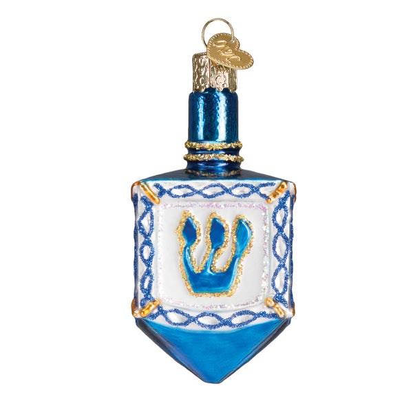 Blue and white glass Dreidel ornament with gold glitter accents and a Hebrew letter.