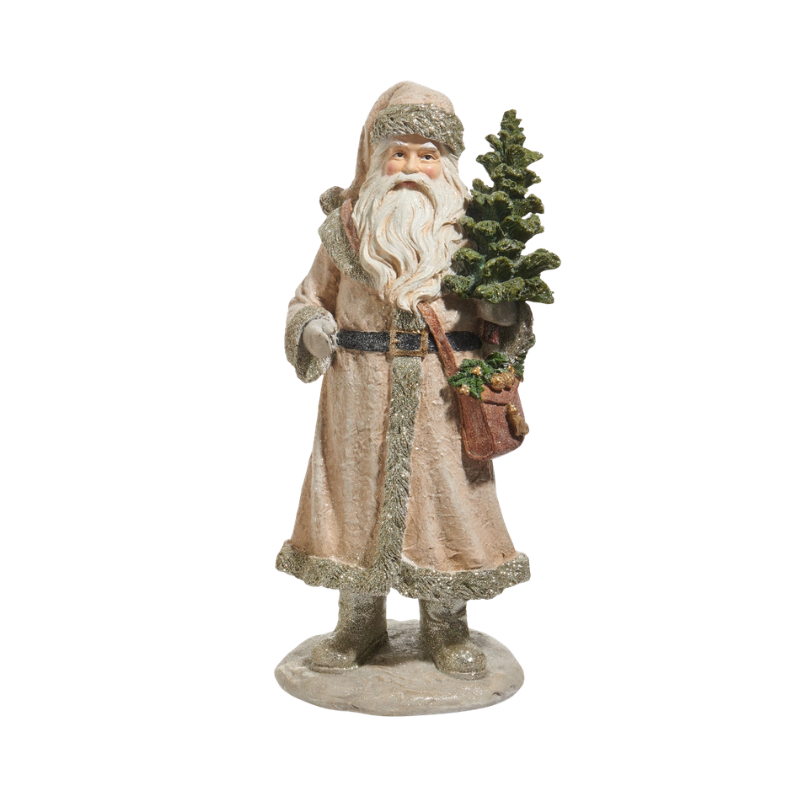 14.25-inch Old World Santa figurine in a beige coat holding a small green Christmas tree.
