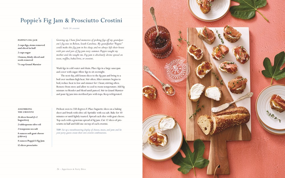 Open page of The Southern Entertainer's Cookbook showing a recipe for Fig Jam & Prosciutto Crostini.
