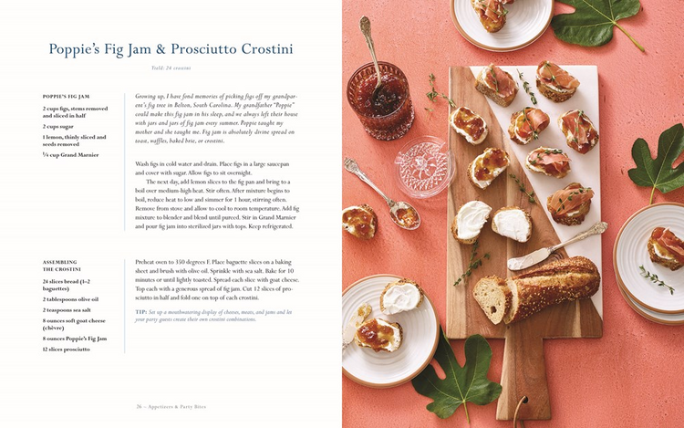 Open page of The Southern Entertainer's Cookbook showing a recipe for Fig Jam & Prosciutto Crostini.