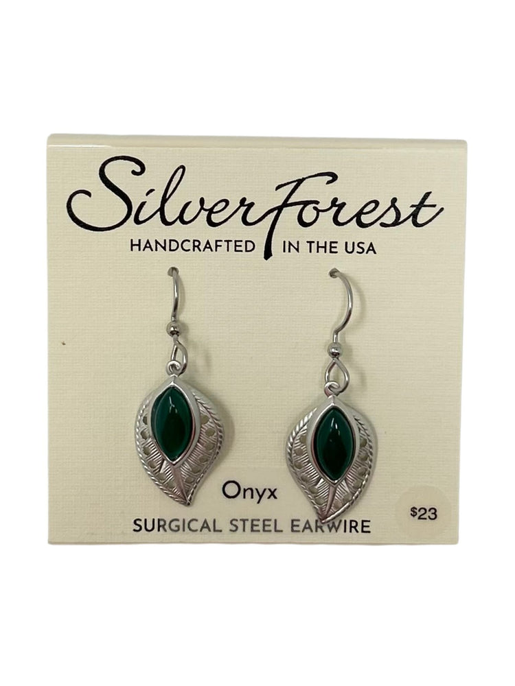 Silver Forest airy leaf earrings with green onyx stones and surgical steel earwires.