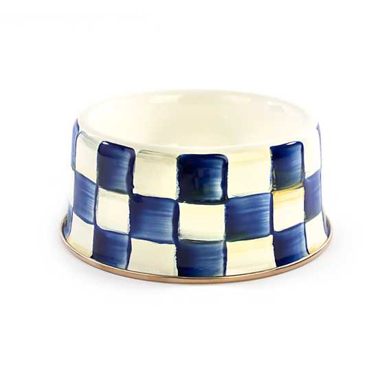 Medium Royal Check enamel pet dish with hand-painted blue check pattern on steel body and bronzed stainless rim.