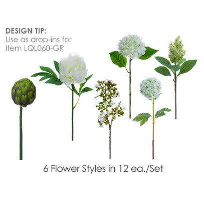 Six artificial flower and plant stems including an artichoke, white peony, white berry spray, and three white hydrangeas.