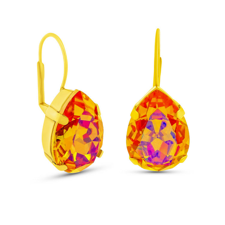 Antique gold-plated brass Lumi hook earrings featuring high-quality crystals in a Candy Crush color pattern.