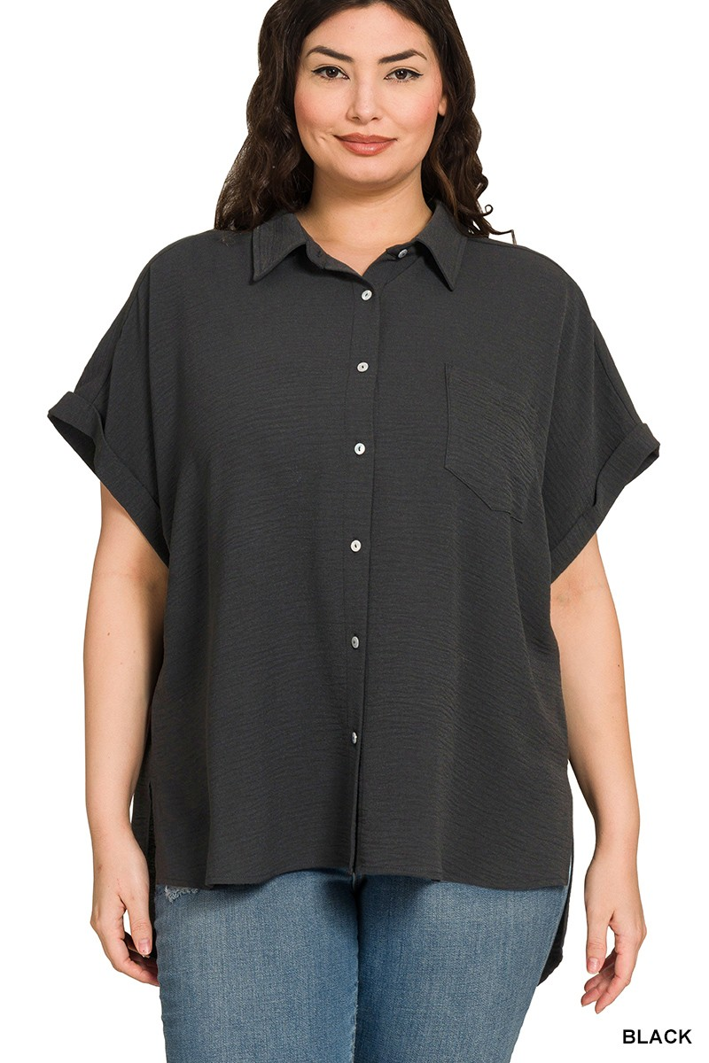 Plus size black woven airflow button-down shirt with short cuffed sleeves and a chest pocket.
